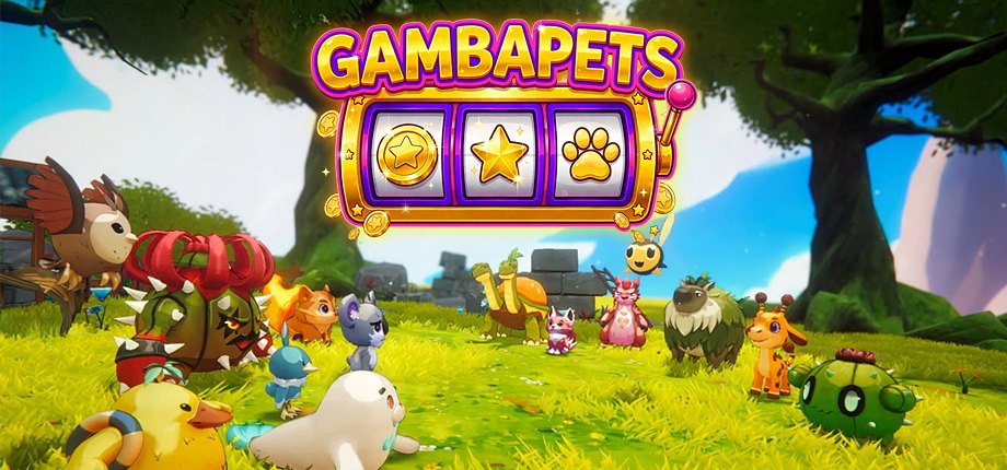 Gambapets: a golden slot machine above a meadow full of pets